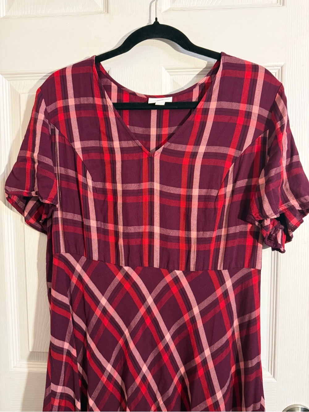 J.Jill V neck Plaid Checked Print Short Sleeve Midi Dress Womens Red/White XL